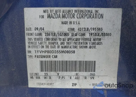 2005 Mazda Mazda6 S Sport из США, поврежденный, VIN 1YVHP80D355M08058